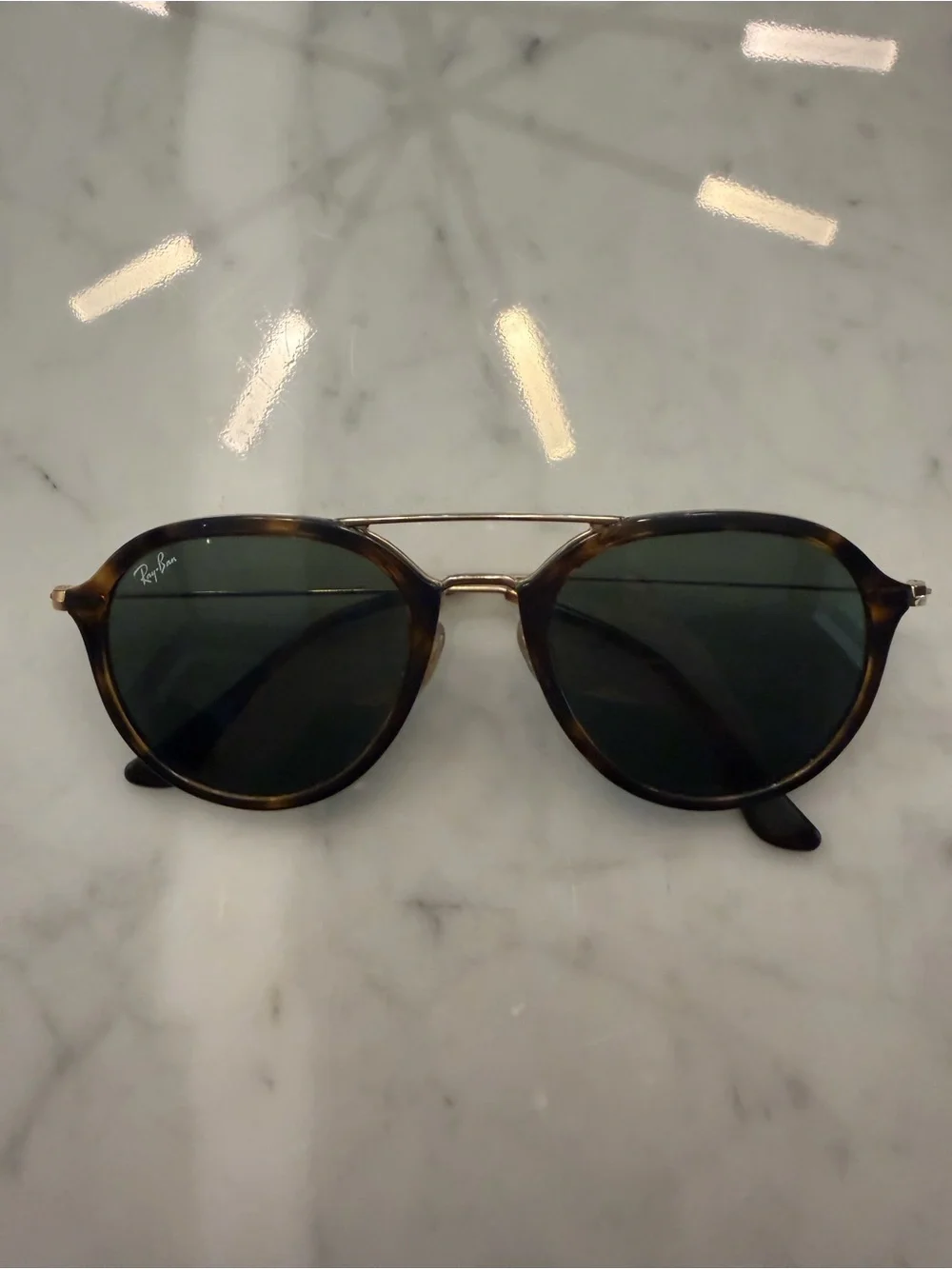 Ray-Ban Tortoiseshell Frame Sunglasses with Green Lenses and Gold Bridge